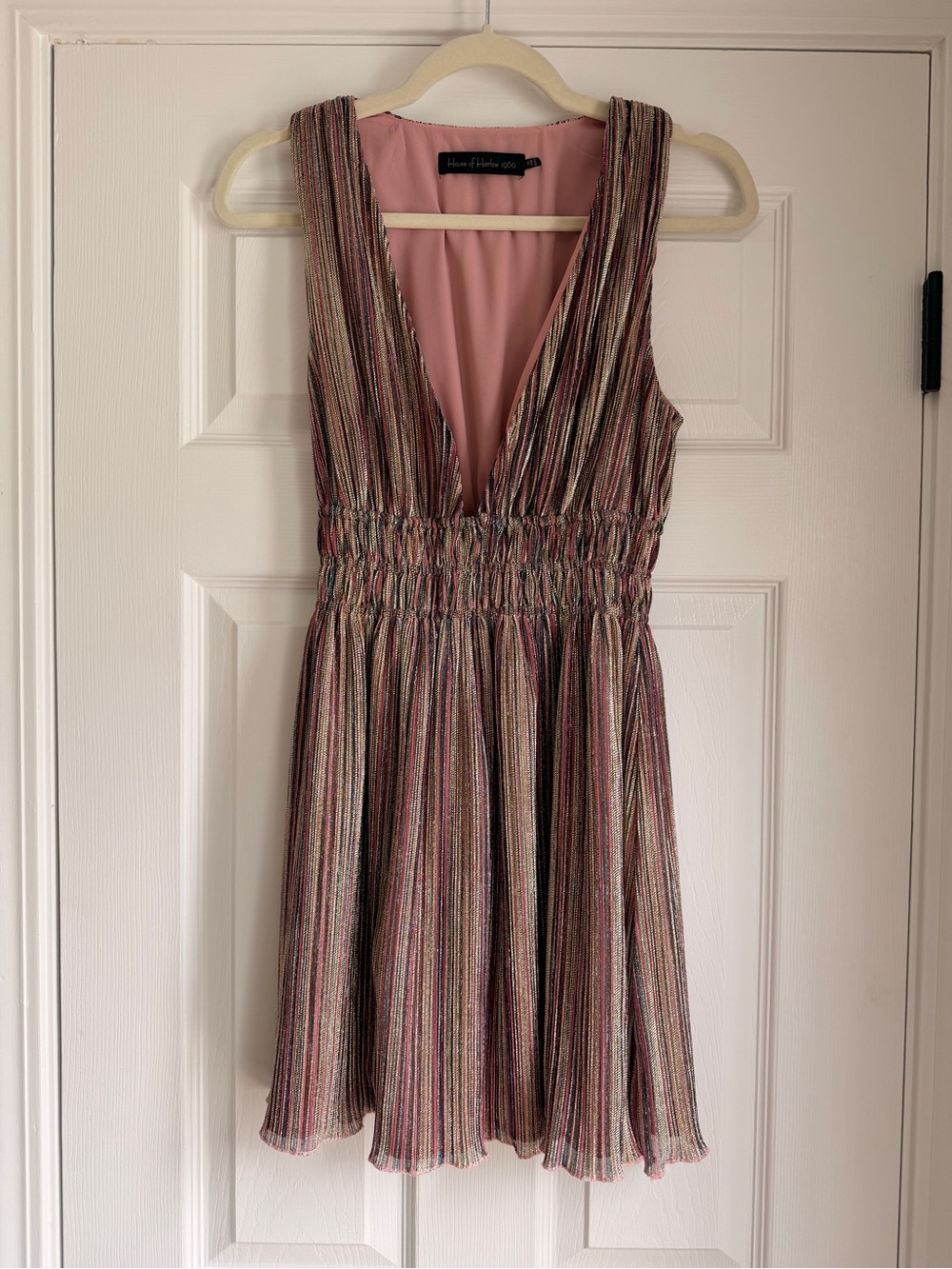 House of Harlow 1960 Metallic Stripe Plissé Mini Dress XS Pink Gold
